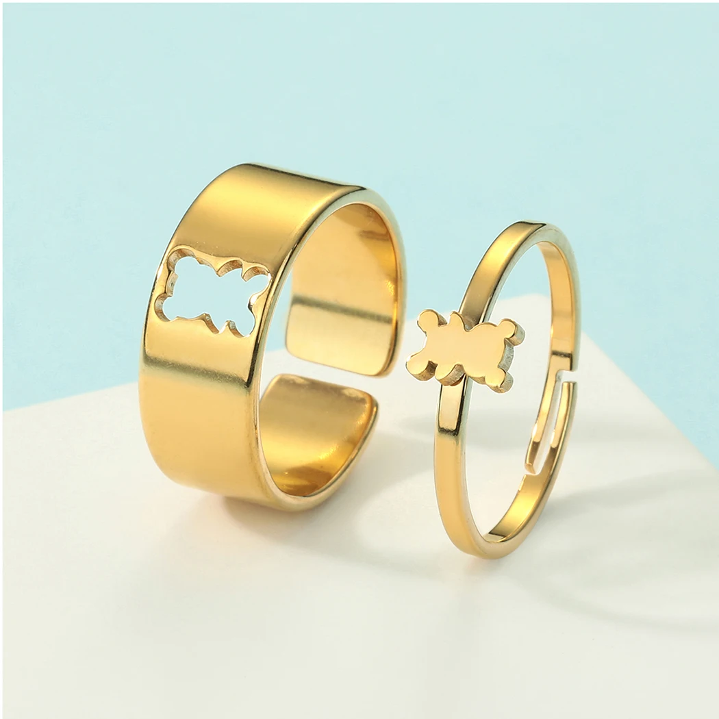 Cxwind minimalist laser sculpture Bell Bear couple promised ring stainless steel couple fashion jewelry Anniversary gifts