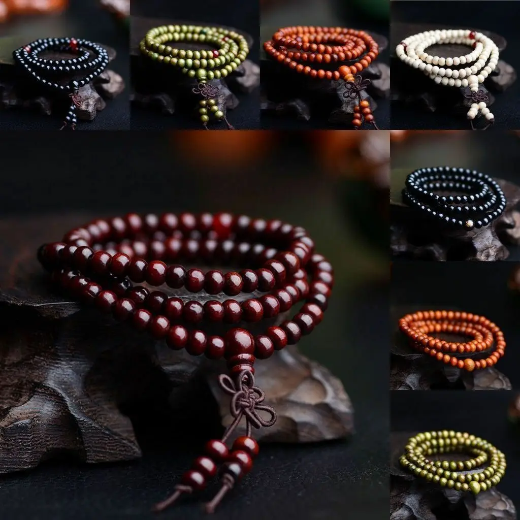 6mm Natural Sandalwood Buddhist Buddha Wooden Beads Bracelets Knot Pendant 4-Layer Wrist Chain Men Women Bracelet Bangles