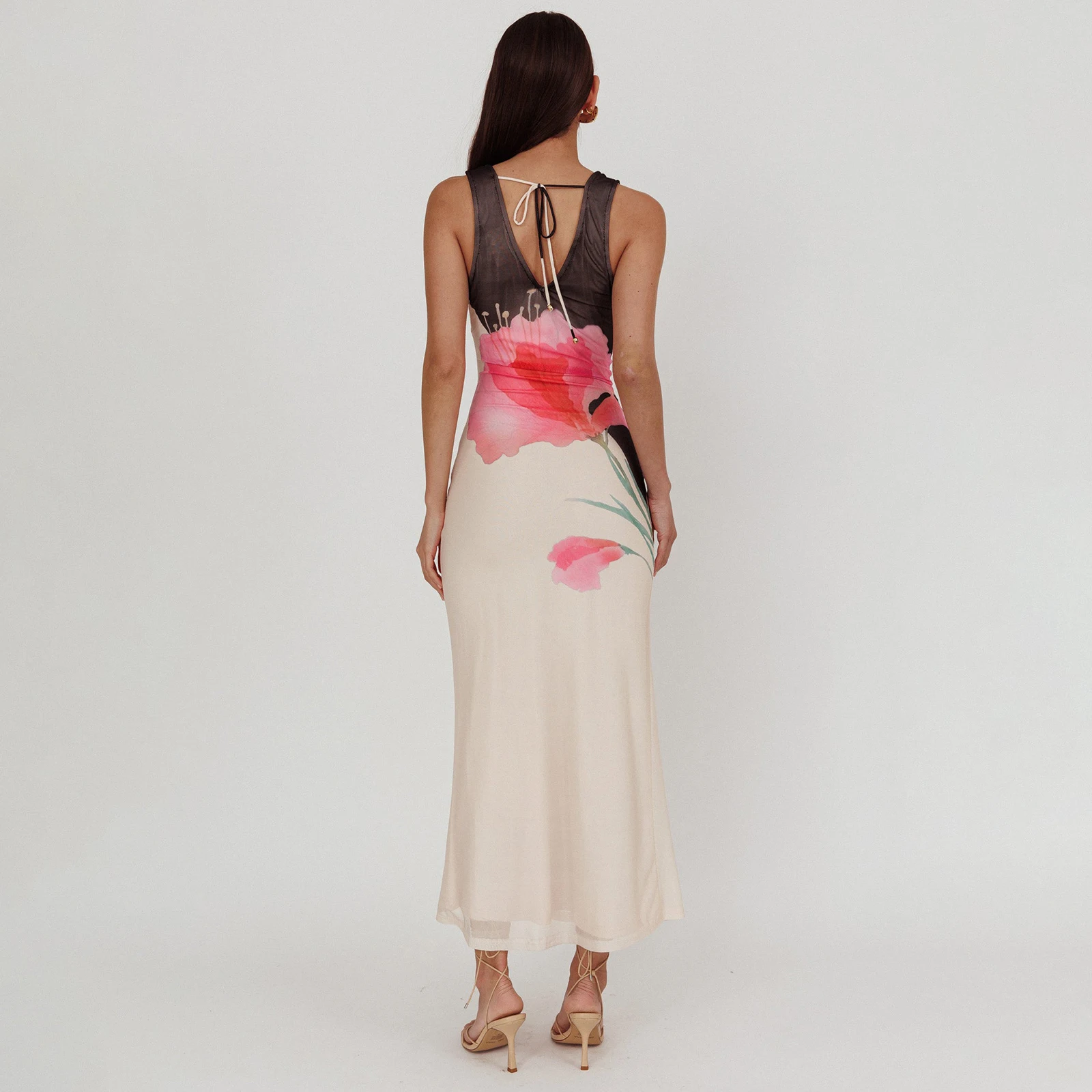 Women Summer Midi Dress Sleeveless Deep V Neck Floral Party Dress For Beach Vacation Outdoor Party Daily Wear Outdoor Streetwear