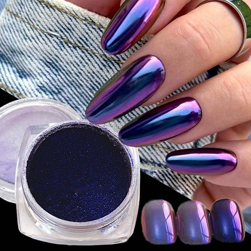 1 pot bleu violet Chrome caméléon Aurora poudre à ongles 0.3g effet métallique holographique ongles frottant la poussière Gel vernis à ongles Pigment