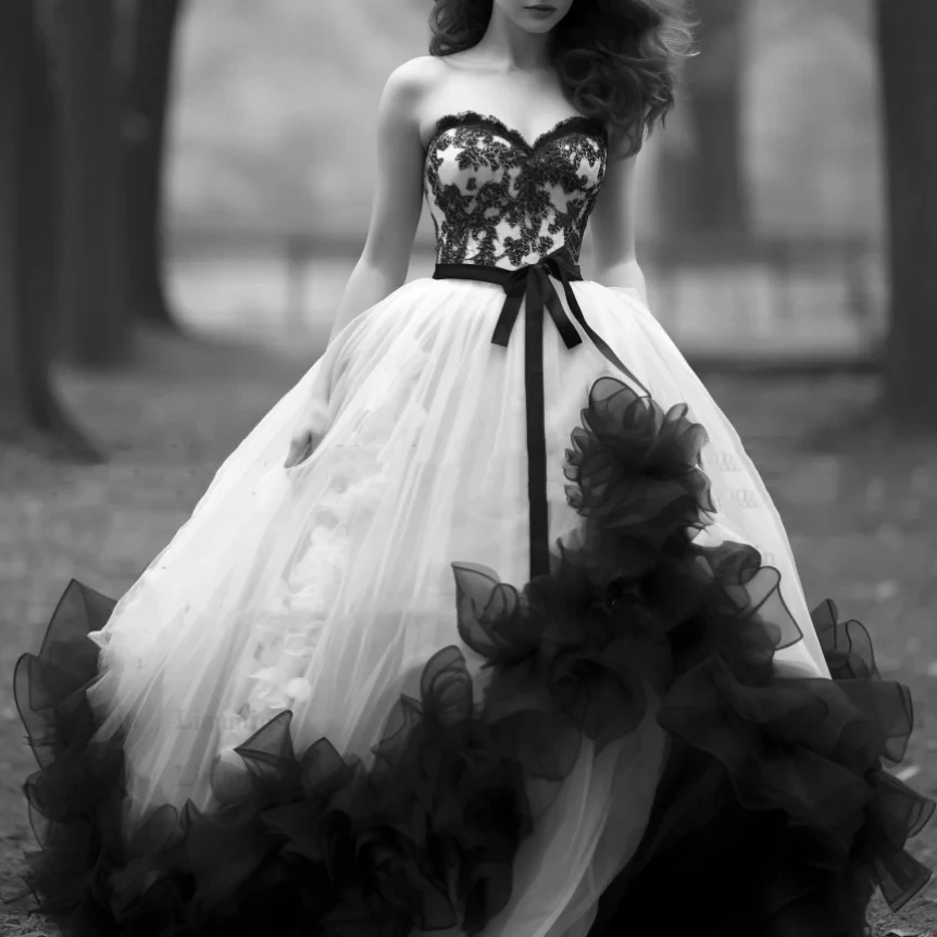 

Ruffles Black And White Wedding Dress Lace Appliques Pluffy Gothic Wedding Gowns Sweetheart Neck Sleeveless Customized