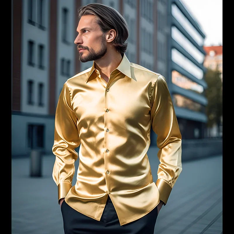 New Men\'s Satin Bundy Fashion Shirt Lapel Long Sleeve Ice Silk T-shirt