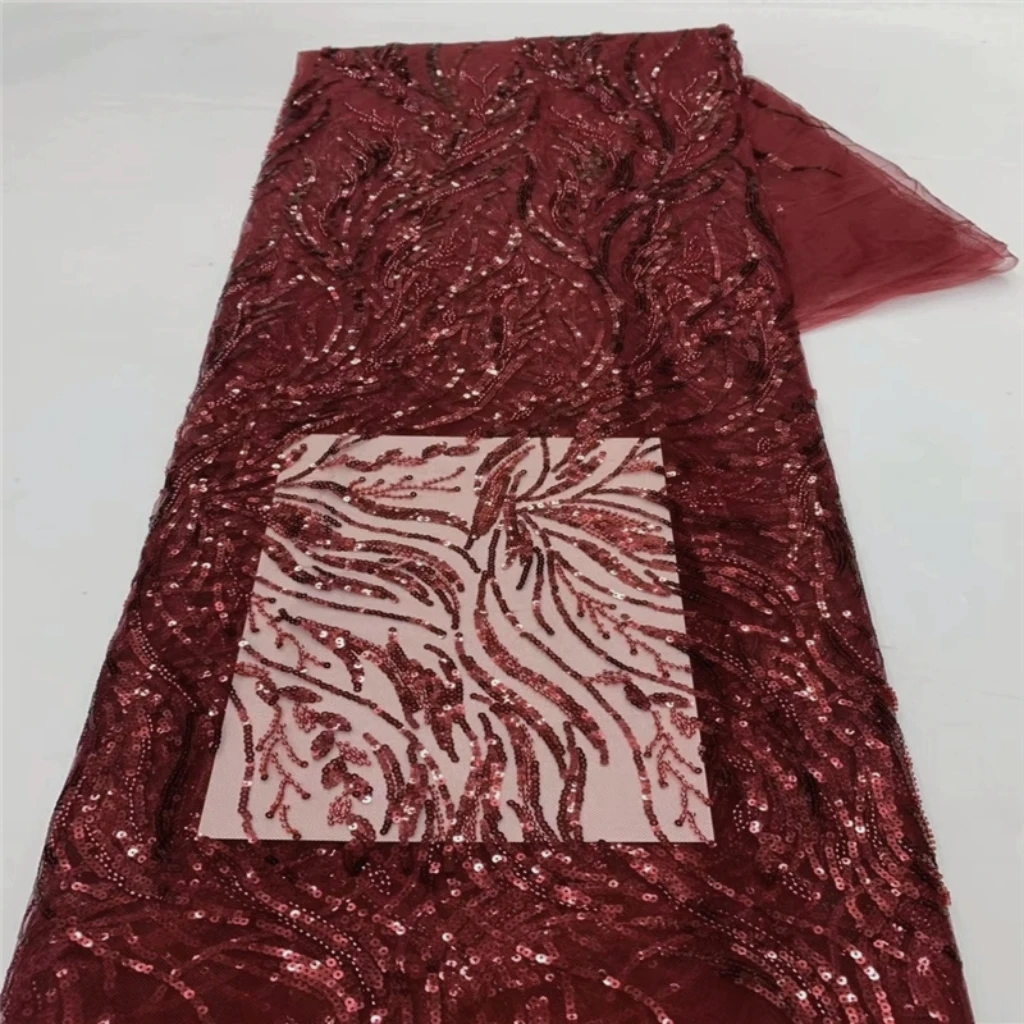 

Red Lace Beaded Embroidered Fabric Netting Sequin Clothing Embroidery Wedding Dress Banquet Fabric Lace Material