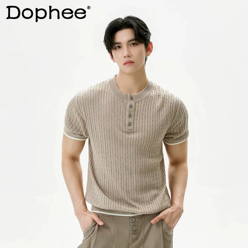 

Мужские летние футболки 2026: Новая модная коллекция, дышащие, вязаные, с коротким рукавом, однотонные, с простым декором на пуговицах