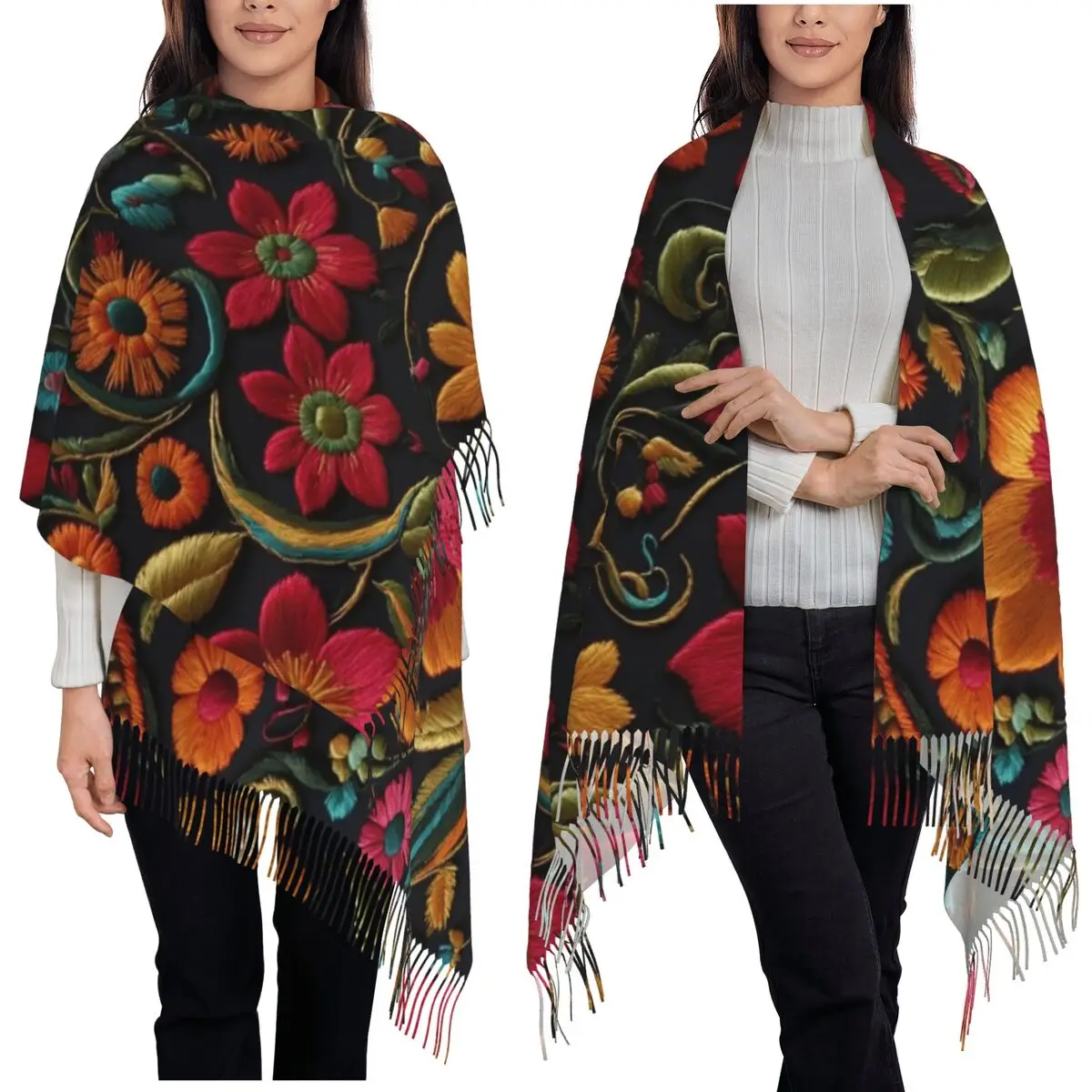 Mexican Vintage Flroal Rebozos Mexicanos Scarf Tassel Scarves Women Soft Warm Shawls and Wraps Large Fall Winter Shawl Wrap
