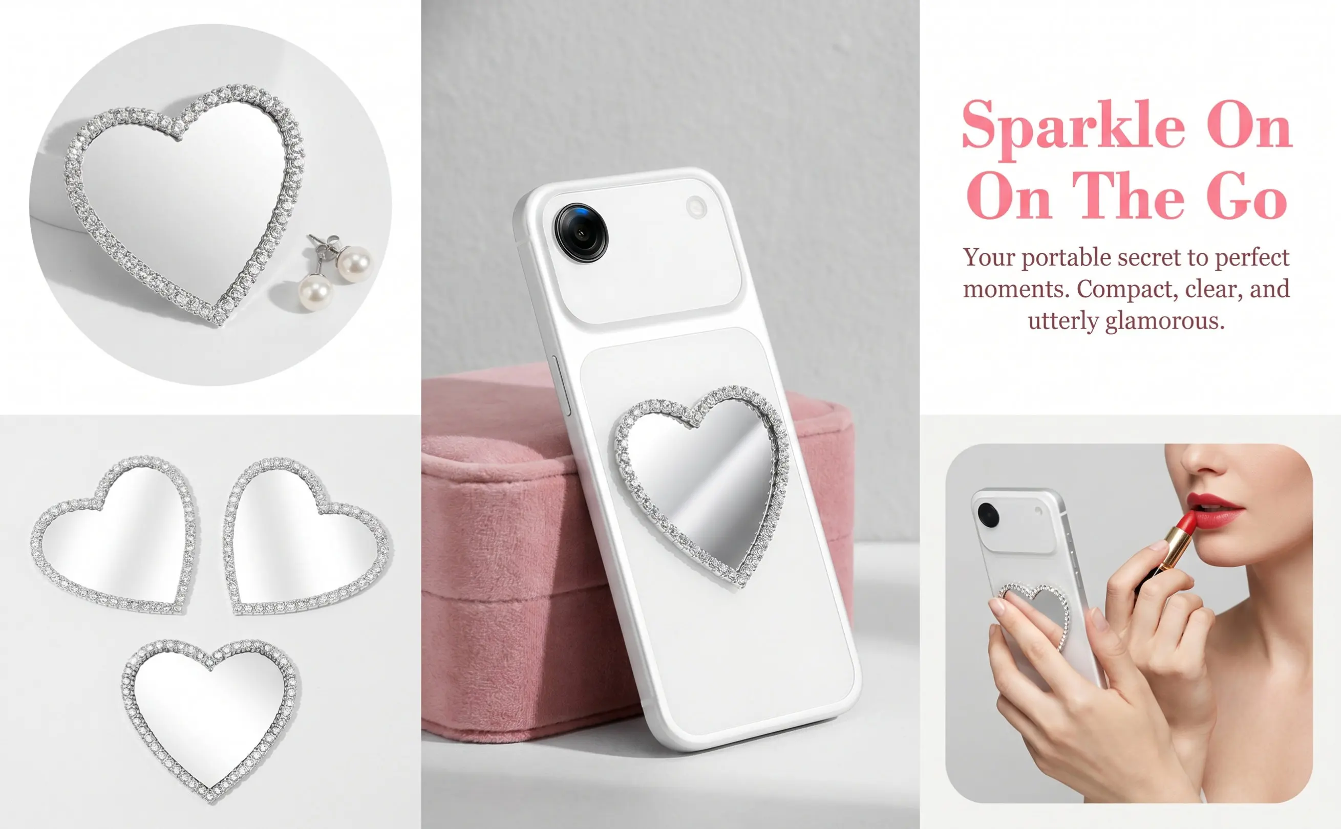 6Pcs Heart Mirror Rhinestone Embellished Portable Makeup Mirror for DIY Phone Case Decoration Pocket Size Vanity Touch Up Tool