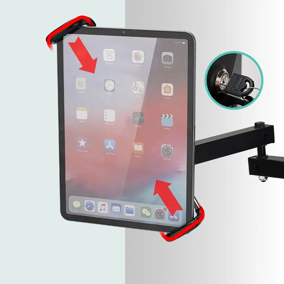 Wall Mount Tablet Stand Stretchable Wall Holder with Anti Theft Security Lock Adjustable Metal Wall iPad Stand for iPad 7-13inch