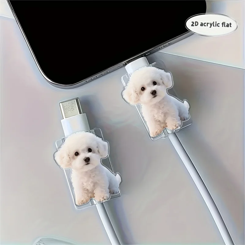 2D Flat 2pcs Cute White Dog Stylish Data Cable Protector Playful Design Connector Cover For iPhone / Type-C Charging Interface