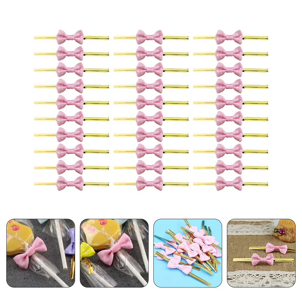 

200pcs Pink Bow Wire Ties Ribbon Bows Sealing Bag Iron Wire Gift Packaging Lollipop Biscuit Pastry Dessert C