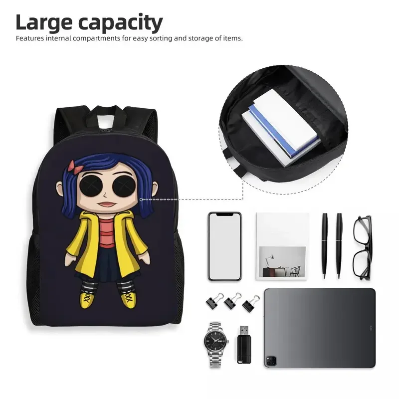 Custom Coraline Doll Chibi Horror Movie Backpack for Women Men School College Students Bookbag Fits 15 Inch Laptop Bags