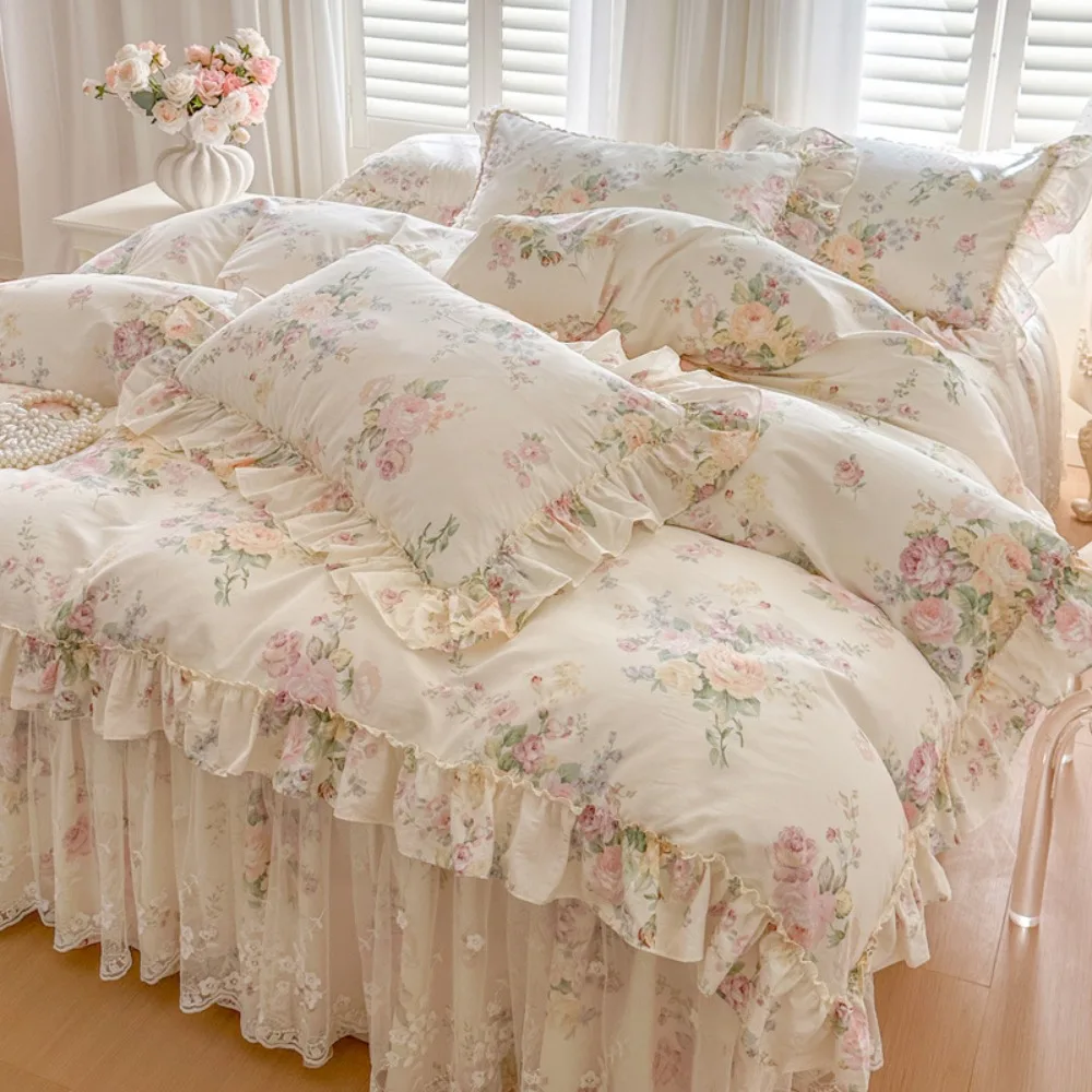 Korean Style Princess Lace Bedding Set Luxury Flowers Printing 100% Cotton Duvet Cover Sets Bed Skirt Pillowcases Home Textile