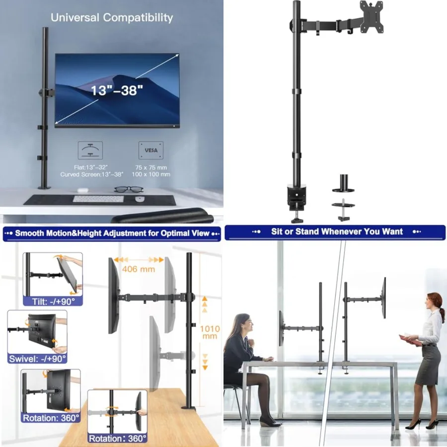 Single Monitor Arm with 39 inch Extra-Tall Pole, Adjustable Computer Desk Mount for 1332 inch Screens and up to 38 inch Ultrawide Screens, Hold 22 lbs, Monitor Stand with C-Clamp & Grommt Base