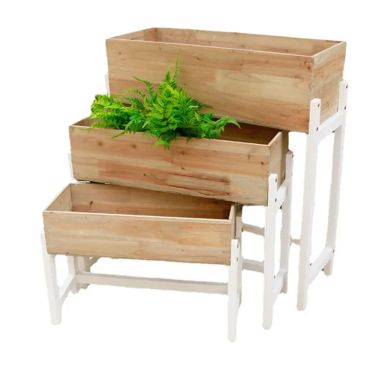 Mesa de flores pastoral de madera con soporte para flores, maceta grande de partición, espacio de diseño para almacenar retro
