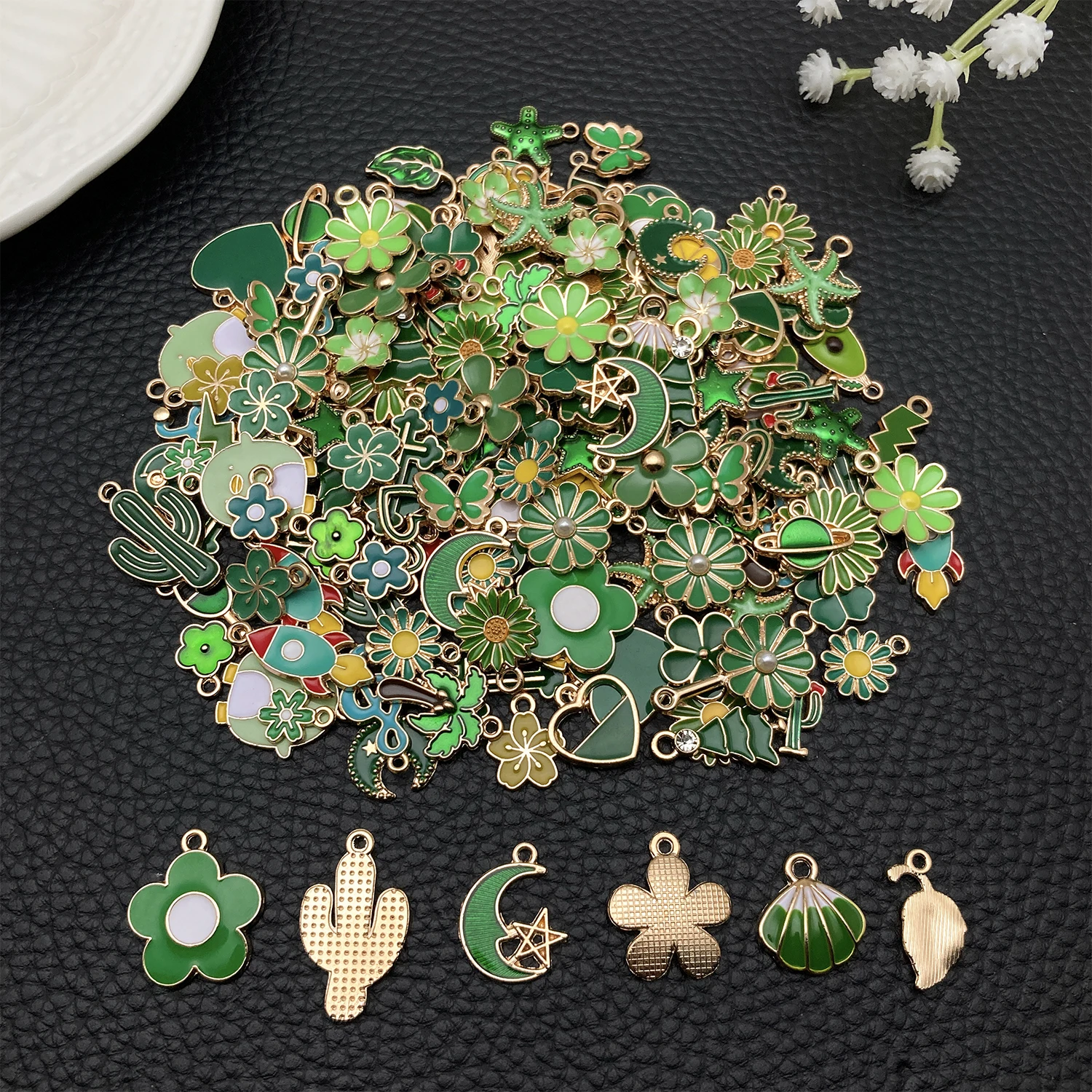 20/50/100pcs Forest Green Enamel Charm Collection! (Flowers, Clovers & Cacti) - Perfect for DIY Bracelets & Necklaces