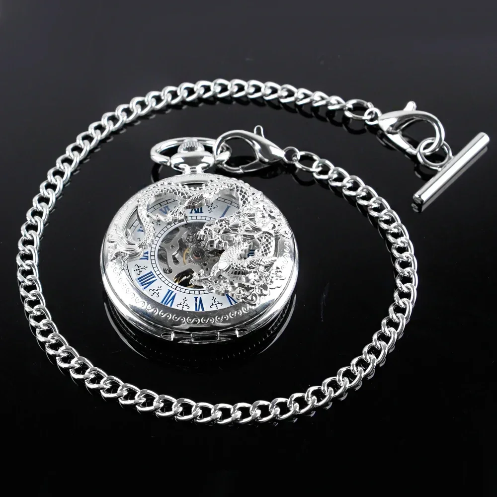 Reloj de bolsillo mecánico de plata Vintage para hombre, cadena de dragón de esqueleto bobinado a mano, reloj colgante Retro