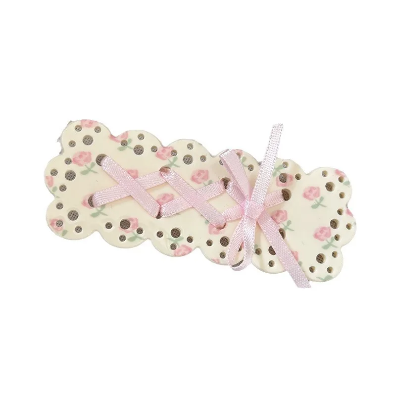 Floral Pink Bowknot Ribbon Barrettes Gentle Clip Duckbilled Hair Accessories Side Clip Hairpin Female