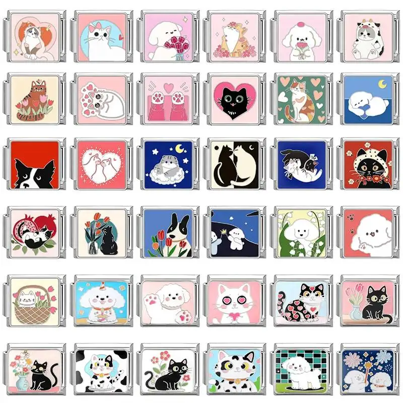 

High Quality Pretty Cute Heart Cats Dog Charm Italian Links Fit 9Mm Stainless Steel Women Men Bracelet Making DIY Jewelry Gifts