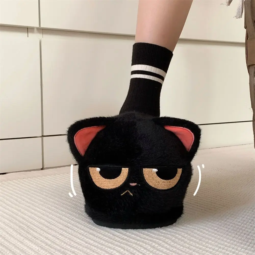 Women men indoor home slides shoes ladies fun fuzzy kitten slipper cat lovers indoor shoes Winter black unhappy kitty slippers