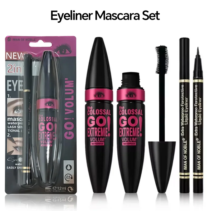 Máscara de pestañas con delineador de ojos Combo línea de dibujo delgada negra definición suave maquillaje de ojos resistente al agua de larga duración juego de 2 piezas