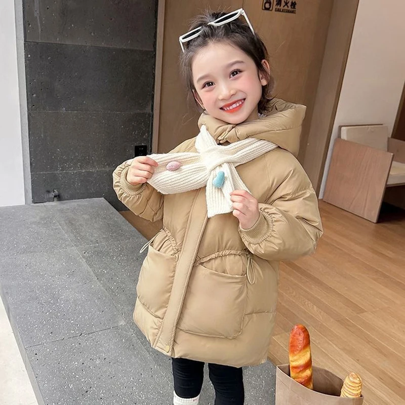 

Новая зимняя куртка для девочек, длинная стильная однотонная толстая теплая парка с капюшоном на молнии, пальто для детей 2-10 лет, пуховый хлопковый зимний комбинезон для девочек