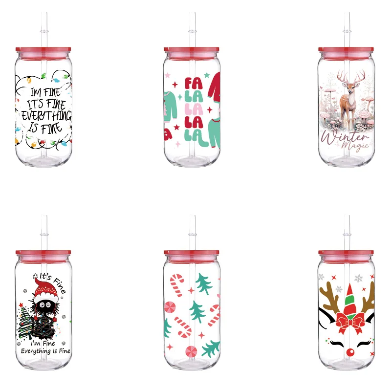 

Christmas 16oz Printed PET Cup With Straw Red Lid Cute Animals Design Can Hold Milk Coffee Fashion Cup