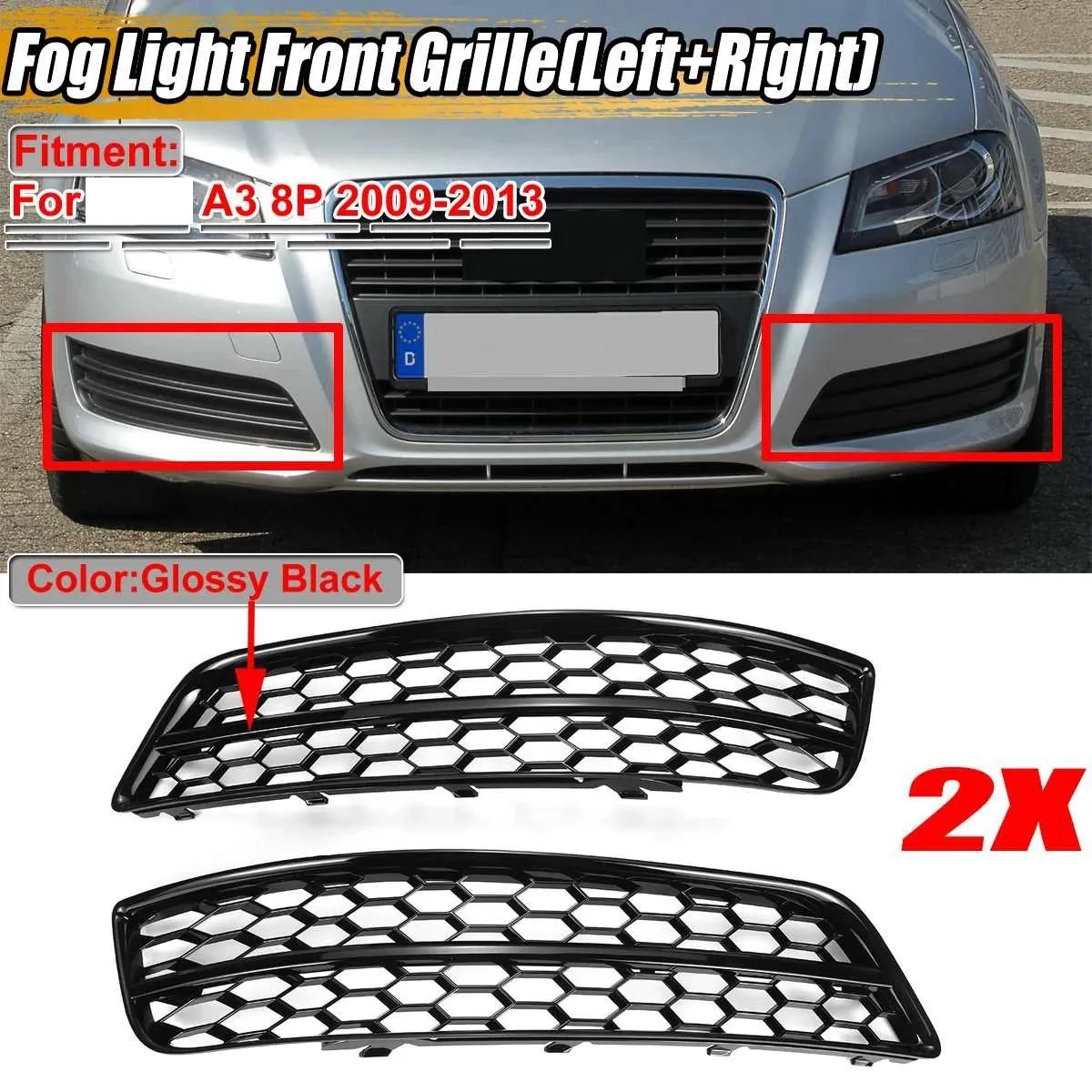 Black HONEYCOMB Car Front Fog Light Grill Cover for-Audi A3 8P 2009-2013 8P0807682J / 8P0807681AA T94 Honeycomb Grille