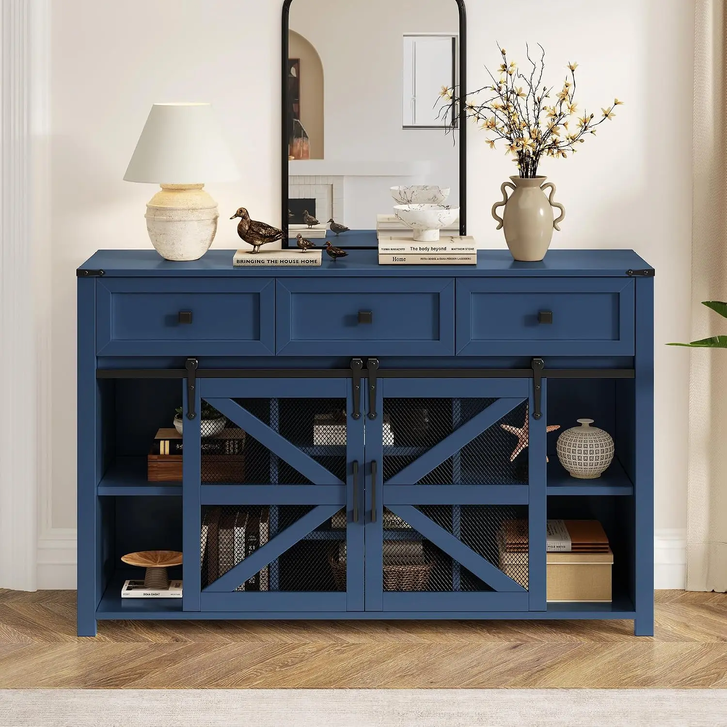 Multi-Functional 55'' TV Stand Sideboard with Sliding Barn Doors and 3 Drawers, Wood Storage Cabinet Entryway, Customized