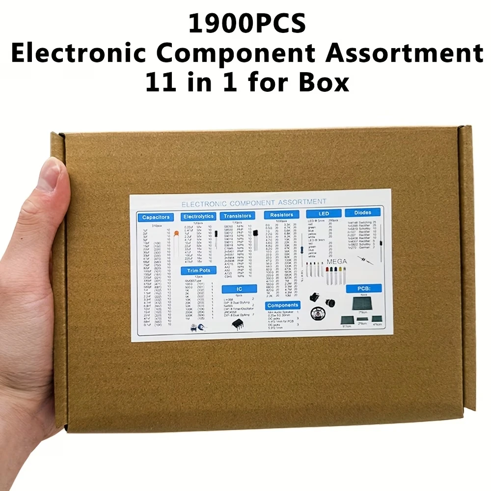 1900pcs Electronic Components Kit Common Capacitors Resistors Capacitors T0-92 LED Transistors PCB Board DIP-IC RM065 Diodes
