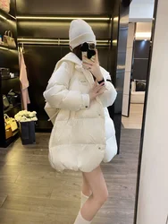 Warm Women's Winter Coat Knitted Splicing Lapel White Duck Down Medium-length Thicked Down Jackets Casual Loose Parkas Overcoat