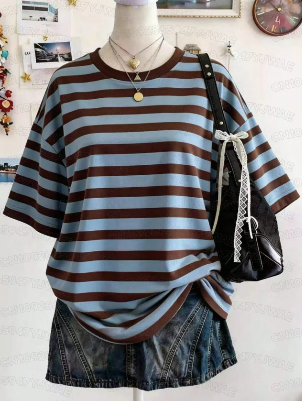 Sommerliches Y2K-T-Shirt mit breiten Streifen, lässiger Oversize-Schnitt, Rundhalsausschnitt, überschnittene Schultern, Damen-Kurzarm-T-Shirt, Street-Casual-Sport-Top – Detail 6