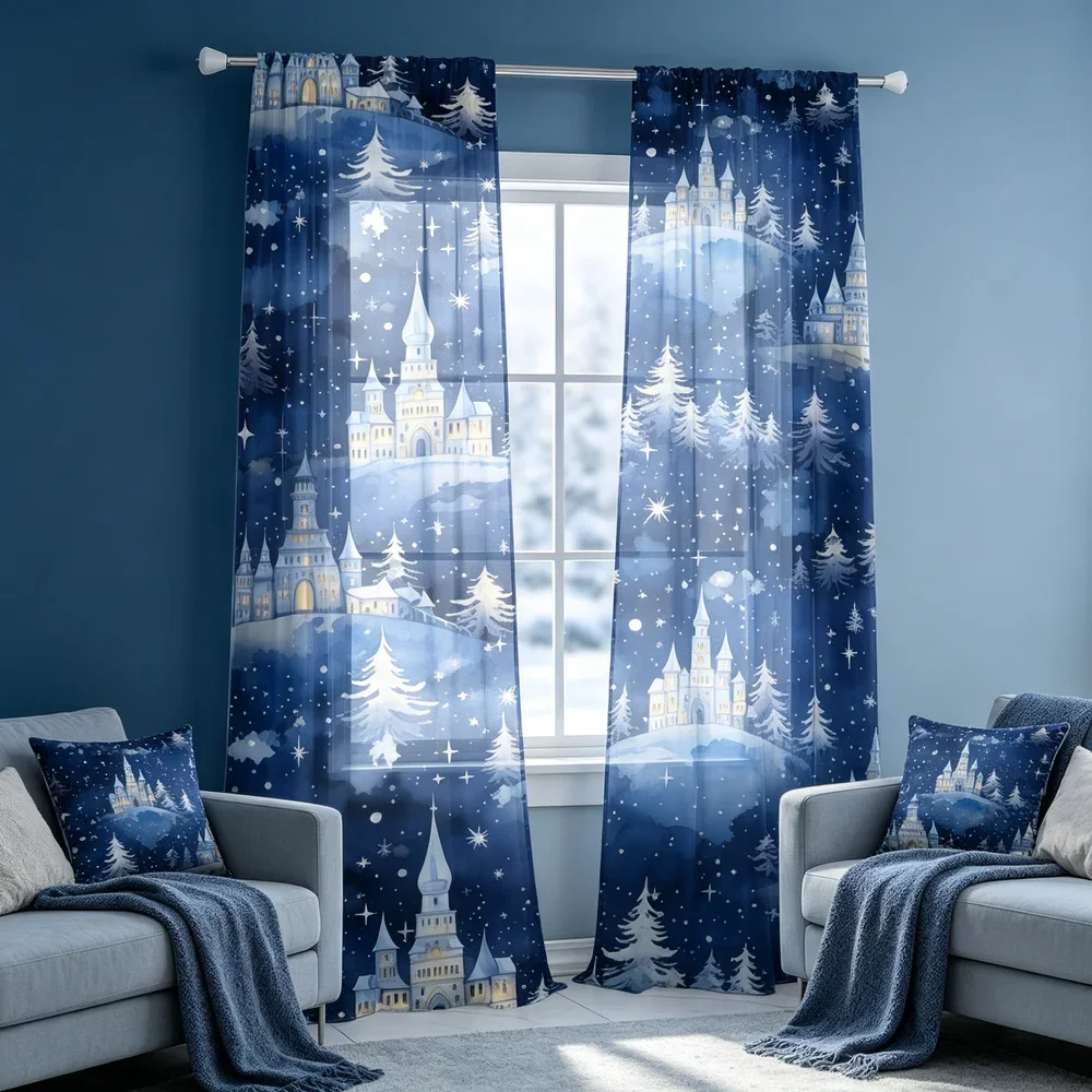 Blue Winter Castle Night Sky Curtain Panels for Bedroom Window Decoration Fairy Tale Scene