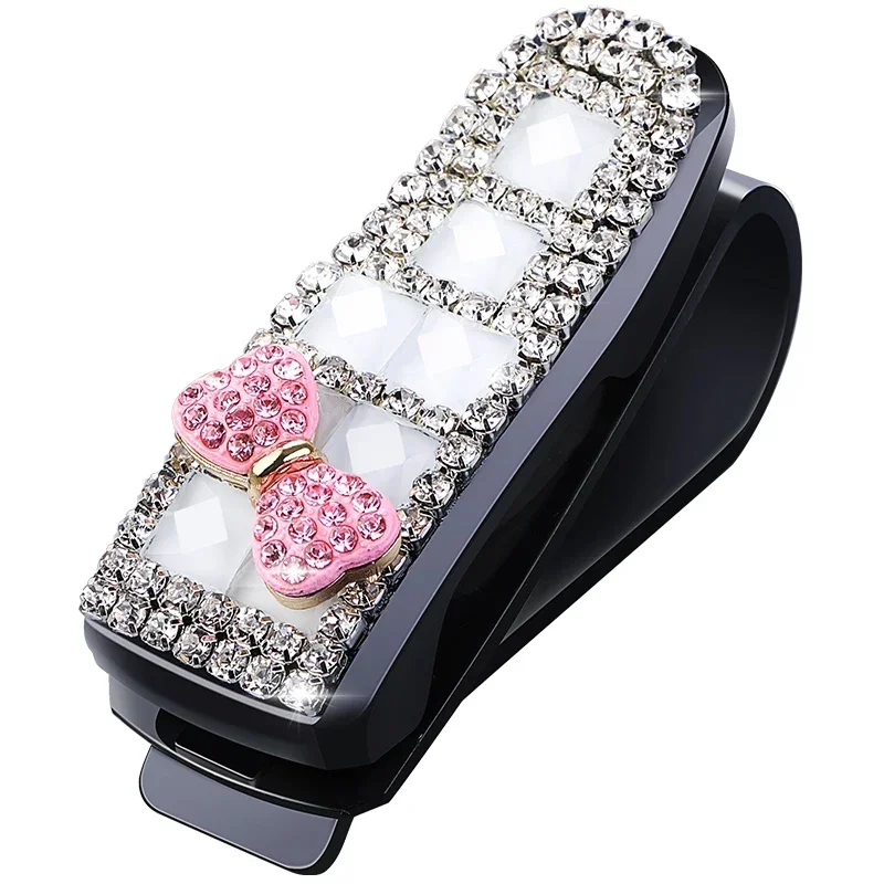 Car Interior Fastener & Clip Sun Visor Type Sunglasses Storage Case Cute Women Auto Glasses Holder with Crystals Pink White