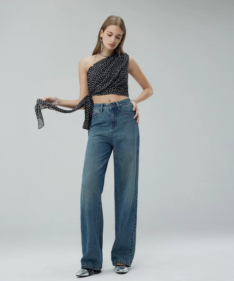 Mulheres denim calças de perna larga jeans cintura alta lavado angustiado vintage até o chão bolsos streetwear calças retas 2025