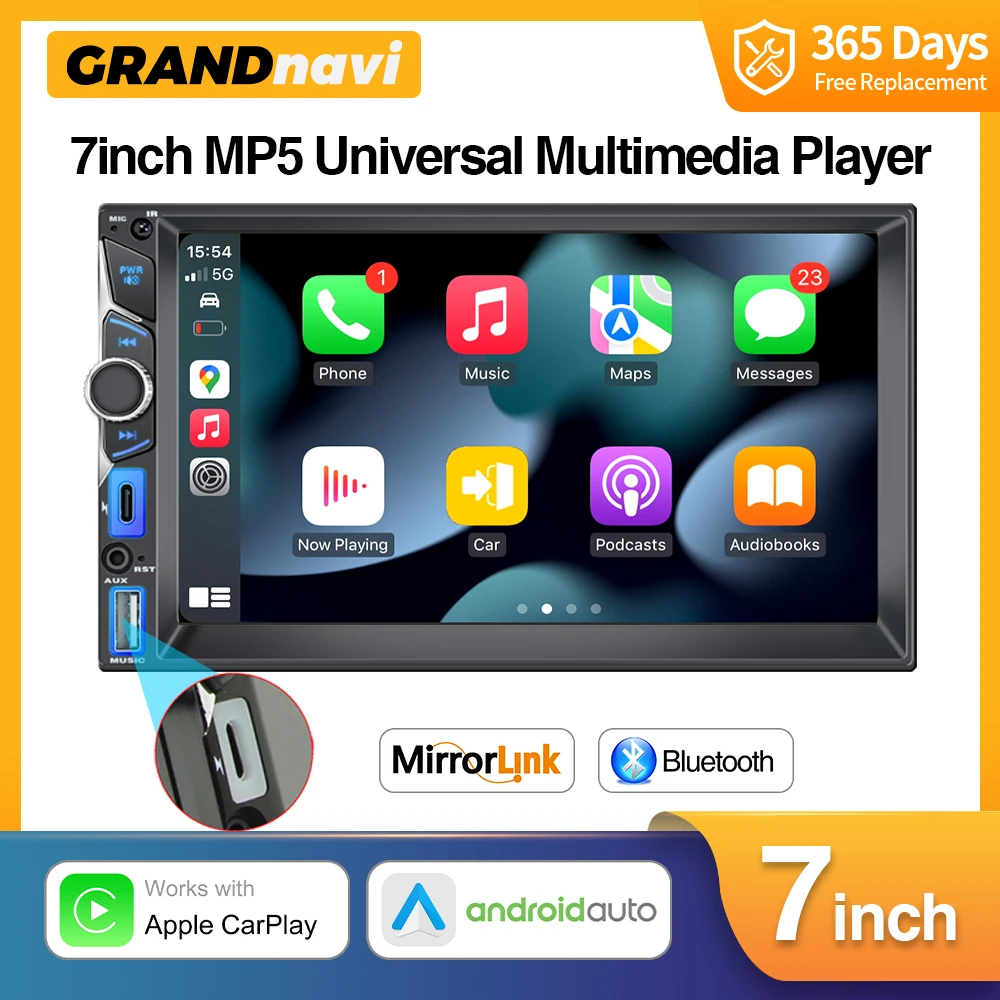 

2DIN 7inch Car Multimedia MP5 Player Wired CarPlay Android Auto Mirrorlink Touch Screen AUX Bluetooth Type C USB Fast Charging