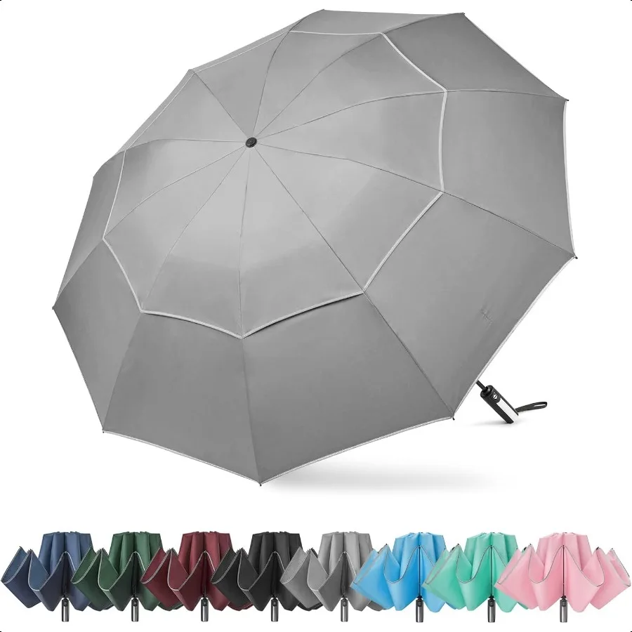 

G4Free 54 62-дюймовый ветрозащитный перевернутый зонт со светоотражающей полосой, большой компактный обратный зонт для гольфа для дождя, 10 ребер, двойной