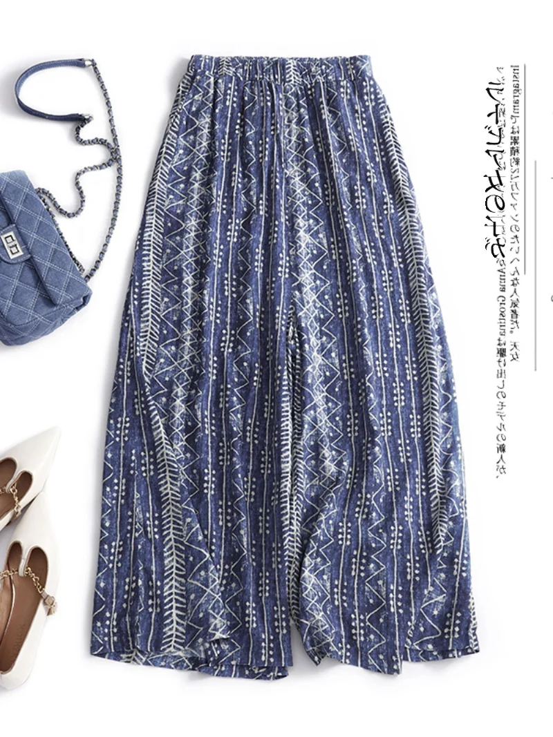 

Женские широкие брюки из хлопка и льна с ретро-принтом, тонкие, больших размеров, с эластичным поясом, универсальные, повседневные, прямые, укороченные (7/8)