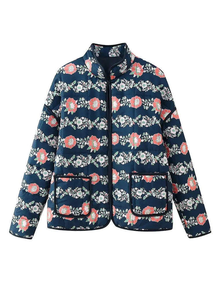 KAOPU ZA Women patch pocket printed quilted cotton padded coat vintage high neck long sleeve female outerwear chic top