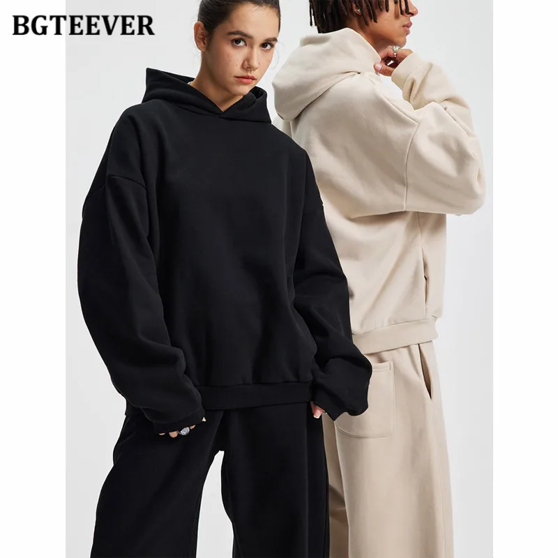 

BGTEEVER Autumn Winter Thicken Velvet Loose Female Tracksuits Long Sleeve Hoodies & Wide Leg Lace-up Pants Women 2 Pieces Set