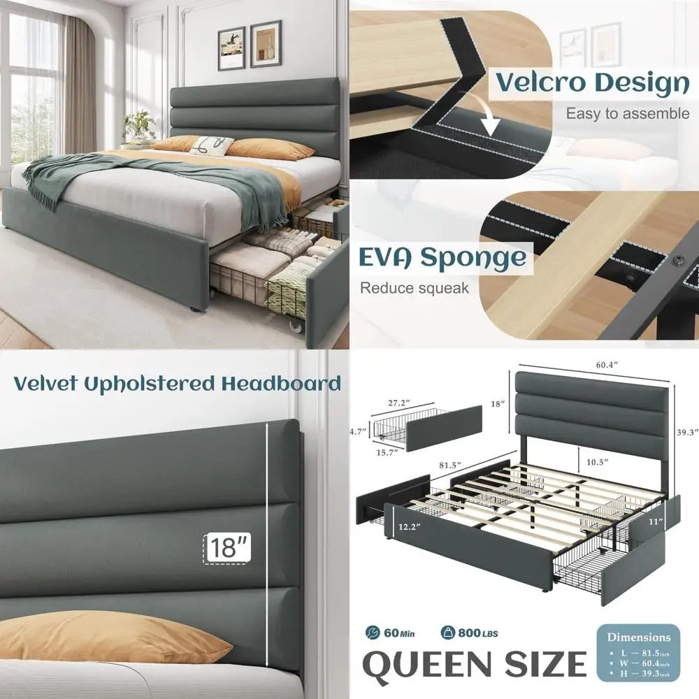 

Queen Size Velvet Upholstered Platform Bed Frame with Storage Drawers and Metal Support