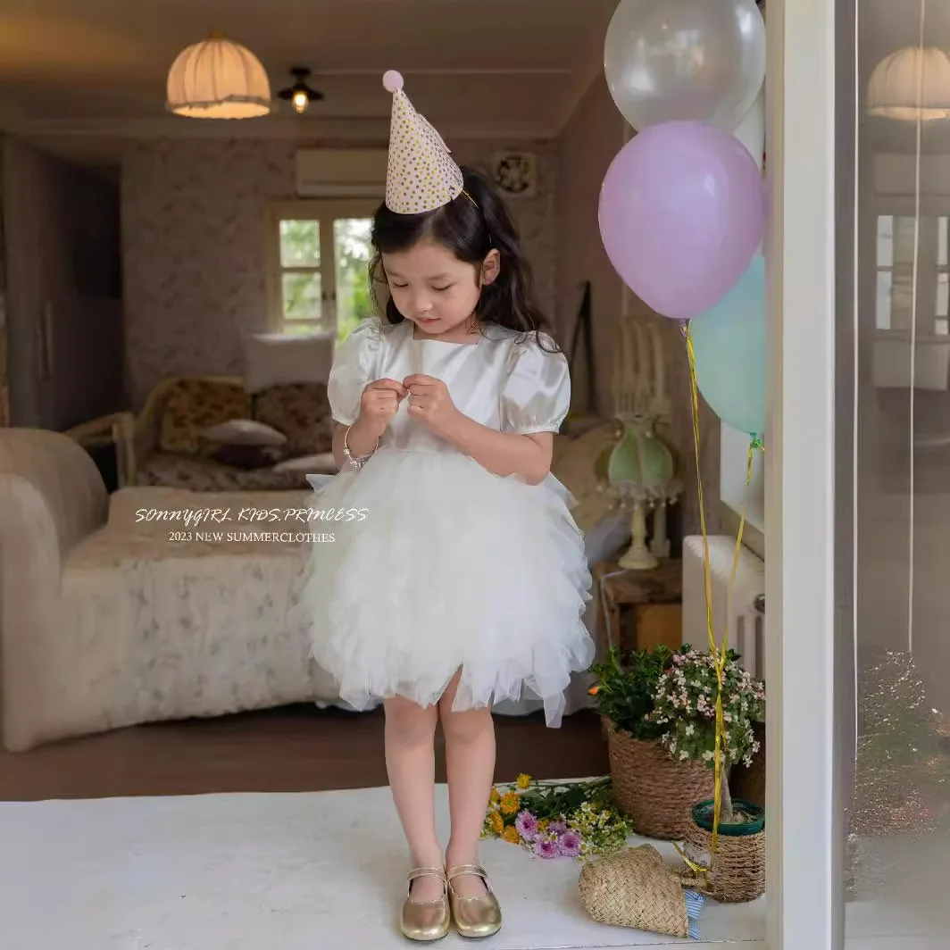 فستان فتاة توتو بأكمام منتفخة - فستان فتاة الزهور البيضاء لعيد ميلاد الأميرة الرسمية للمناولة الأولى