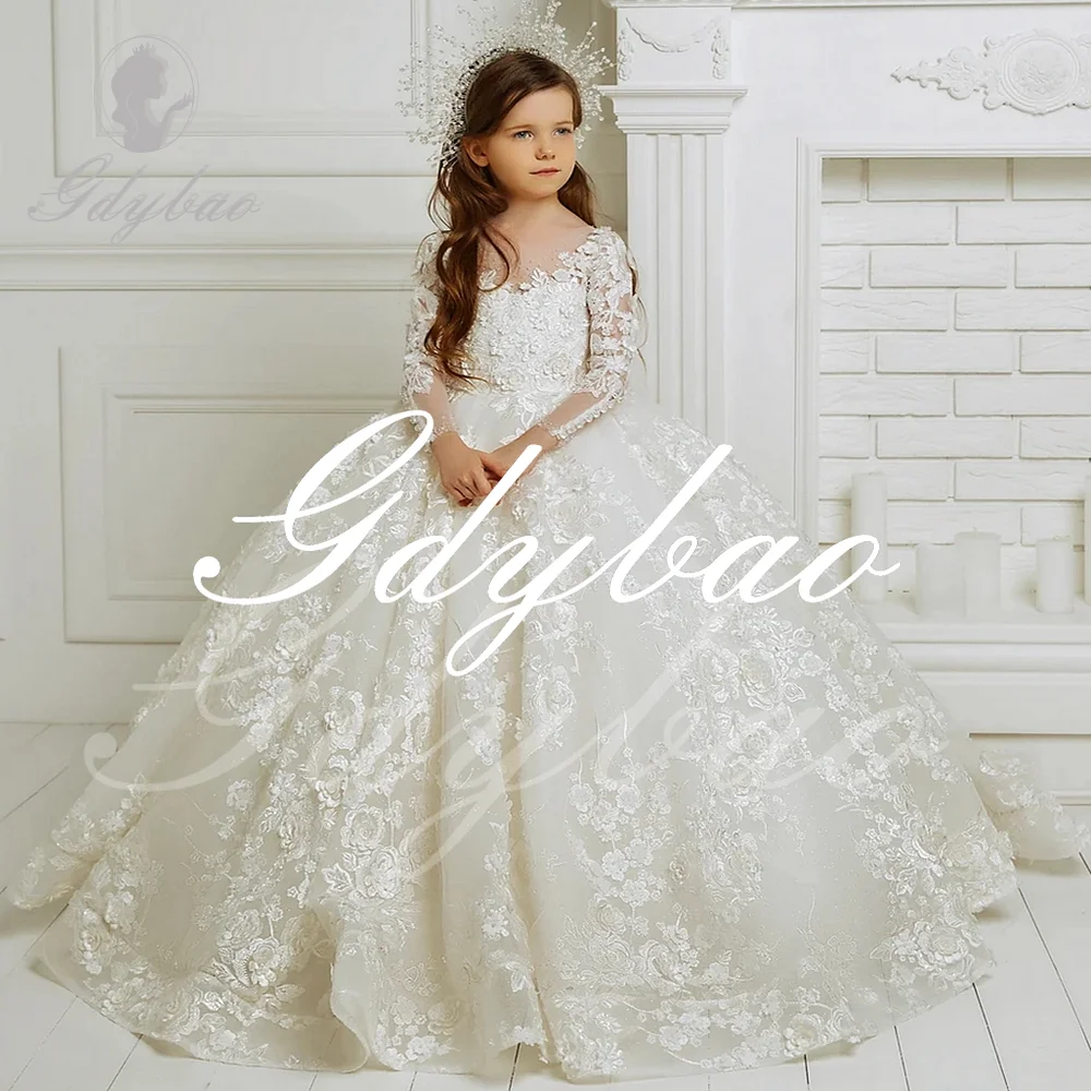 Flower Girl Dress Bows Children Long Sleeve For Weddings Party Princess First Holy Communion Dress Formal Tulle Ball Gown