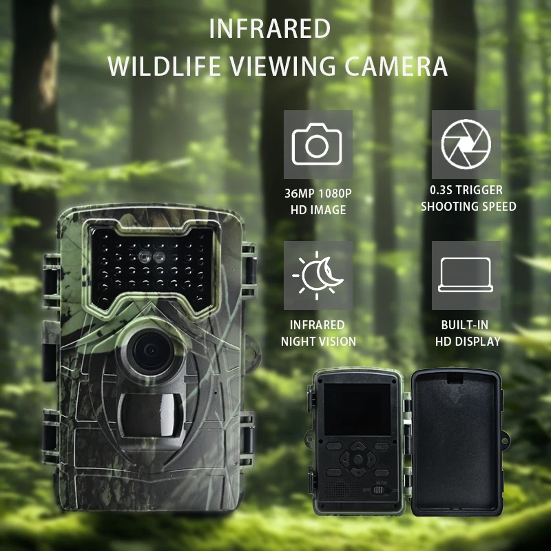36Mp 1080P Infrared Camera, Wildlife Observation and Tracking Camera, Farm and Estate Security Monitor, Night Vision Camera, Built-In Display Screen, Pir Sensor (Battery Not Included, Please Purchase Separately)