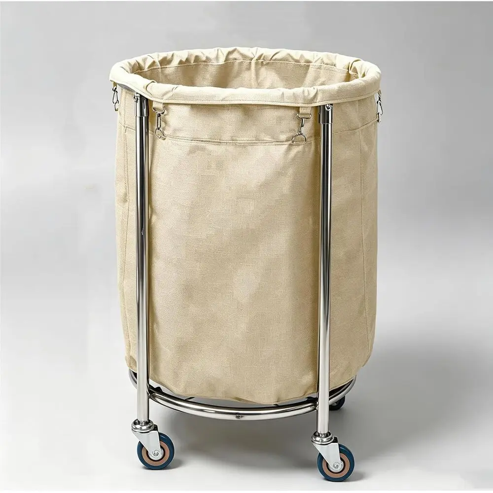 

Thick Stainless Steel Linen Cart with Silent Wheels and Removable Cloth Bag, Laundry Hamper Trolley for Home, Hotels, Hospitals,