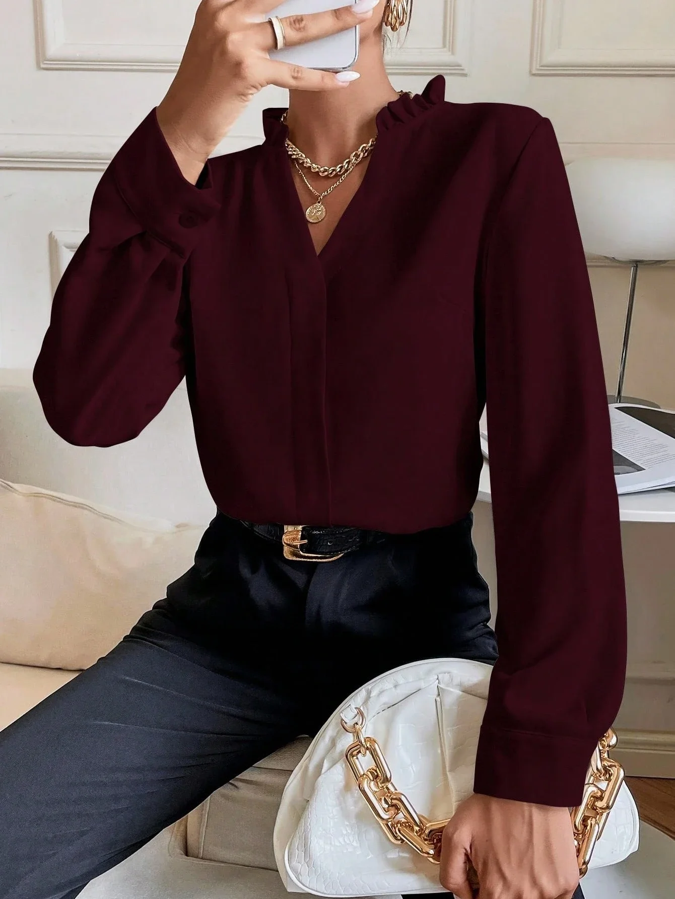 

Solid Ruffled Neck Long Sleeve Blouse For Women