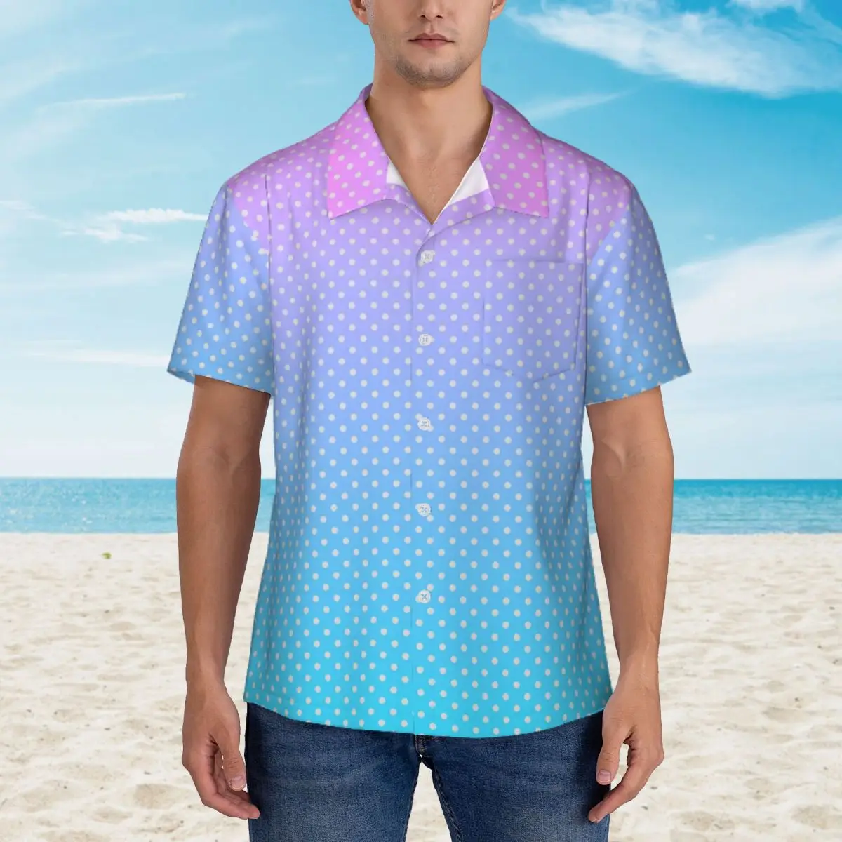 Hawaii Shirt Beach Polka Dots Print Blouses Pastel Gradient Loose Casual Shirts Men Short Sleeve Street Style Tops