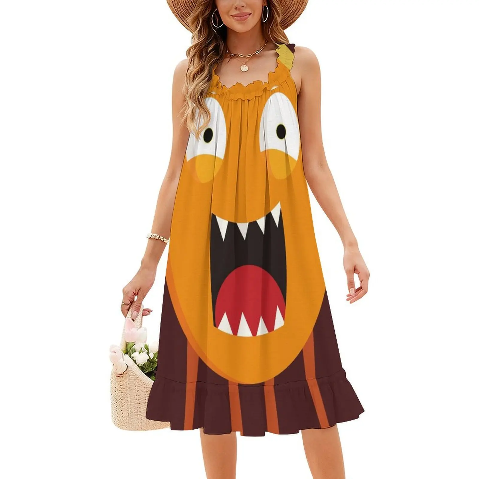 재미있는 마스크 보헤미안 슬리브리스 드레스 멀티 프린트 비치 휴가 파티 드레스 입술이 귀여운 오픈 투스 립스 재미있는 오픈 여성용 드레스