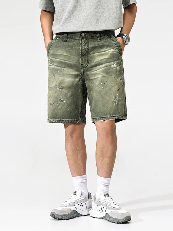 

Summer Men's Loose Straight Leg Jeans Shorts Retro Spattered Scratch Cotton Elastic Casual Wear Resistant Five Pocket mid Waist
