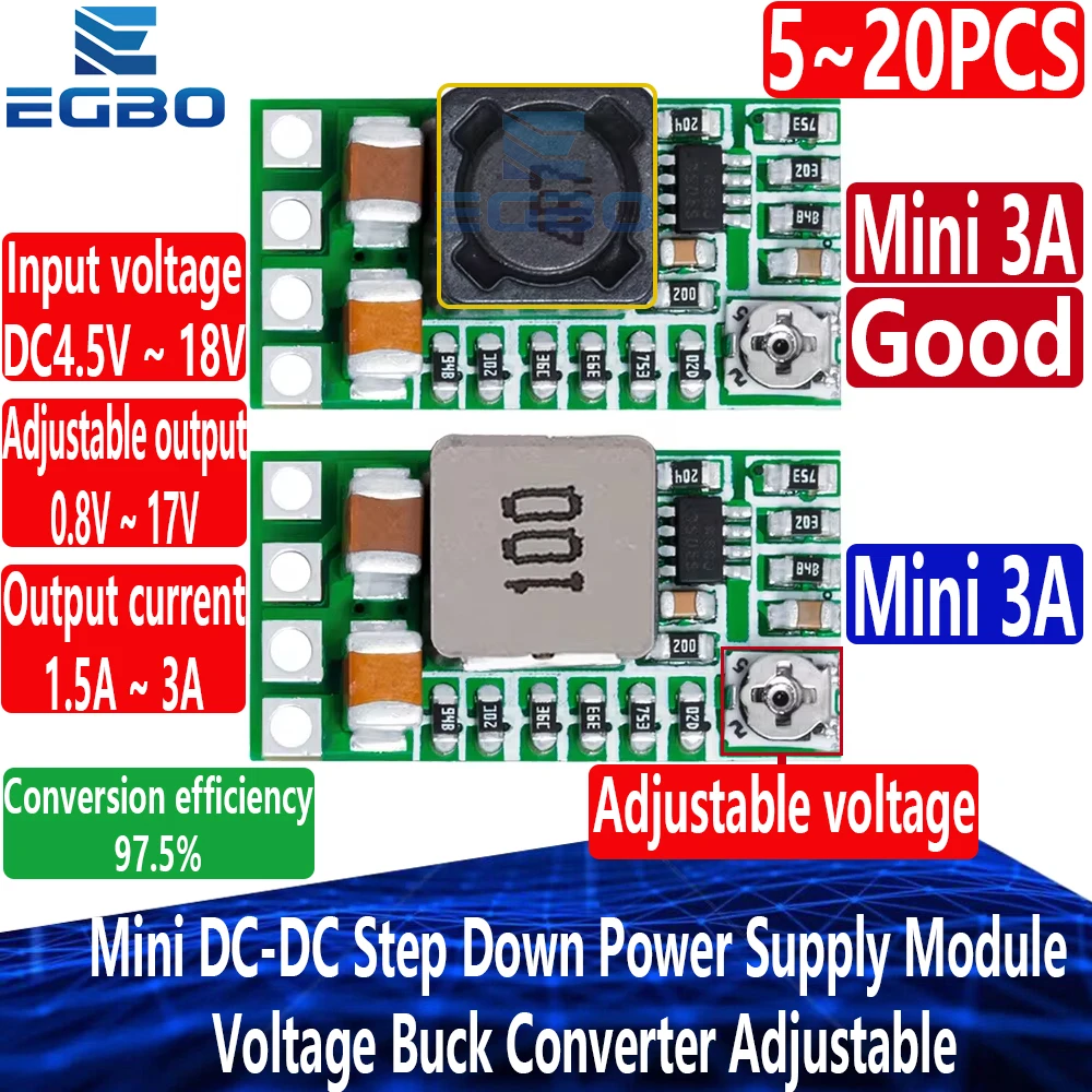 5~20PCS Mini DC-DC 12-18V to5V 3A Step Down Power Supply Module Voltage Buck Converter Adjustable 97.5% 1.8V 2.5V 3.3V 5V 9V 12V