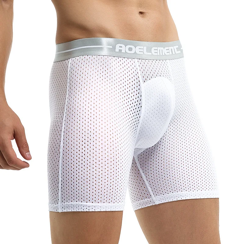 

Men Boxy Underwear Seamless Ice Silk Mesh Hole Breath Lengthen Shorts U Convex Pouch Boxers Elastic Workout Fitness Swim Trunks