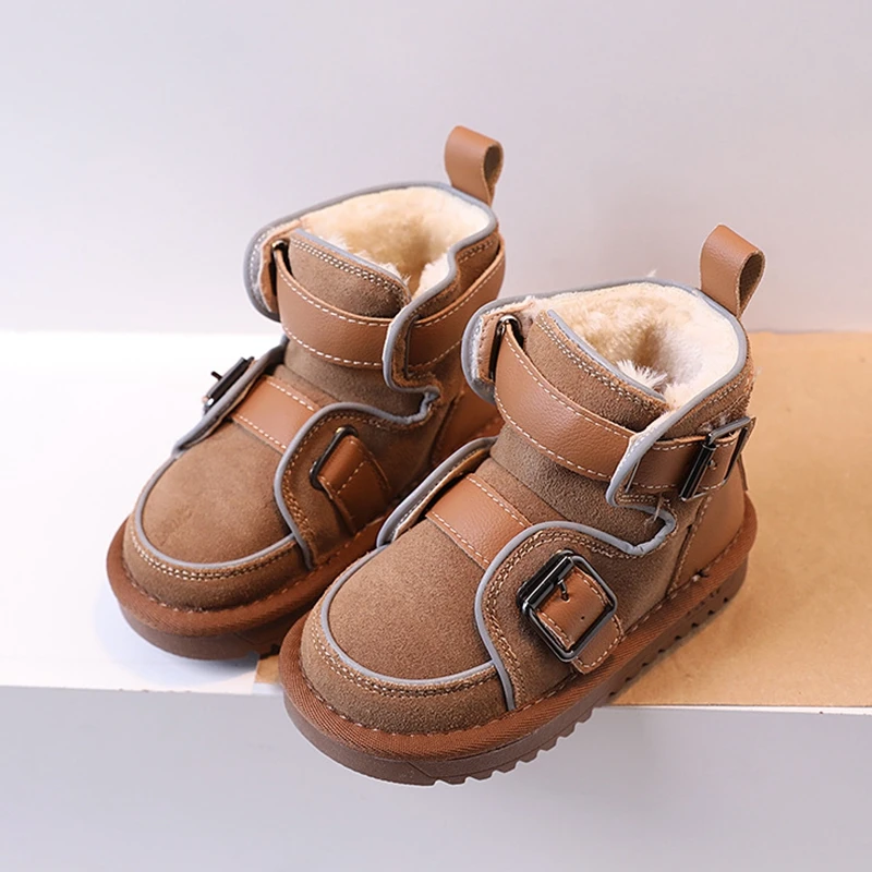 High Quality Children\'s Snow Boots Genuine Leather Winter New Boys Girls Suede Thick Plush Ankle Boots Kids Warm Shoes Size21-35